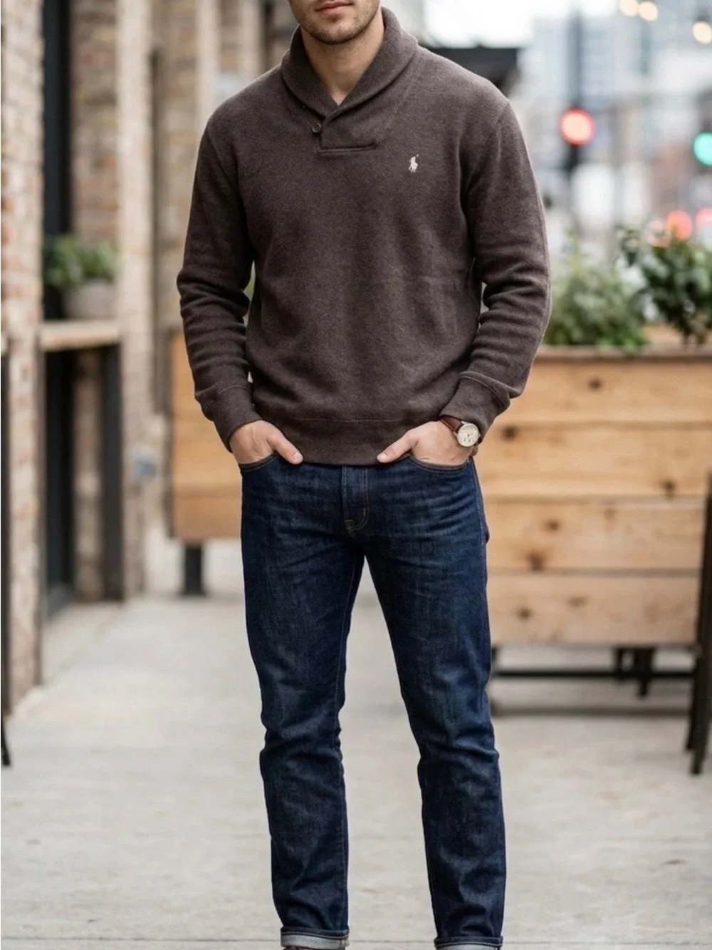 Ralph Lauren Brown Shawl-Collar 100% Cotton Sweater